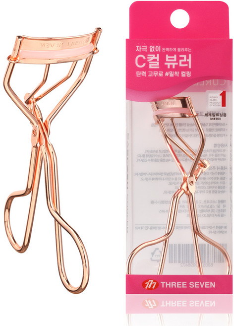 쓰리쎄븐 루이본 하이컬링 C컬 뷰러 + 실리콘 패드, 1세트, 로즈골드