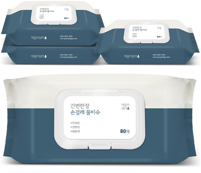 데일리워터 간편한장 손걸레 물티슈 캡형 80매, 4개
