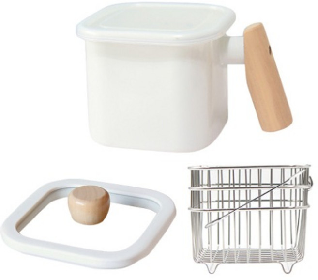 라임올리브 인덕션 우드핸들 사각 법랑냄비 1.45L + 유리뚜껑 소 13.5 x 13.5 x 1.5 cm + 튀김망 소 가로 21cm x 높이 10cm 세트, 혼합색상, 1세트, 14cm