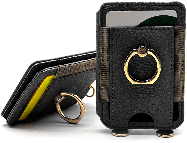 엑씨 휴대폰 부착형 스마트링 거치대 가죽 멀티포켓 카드 지갑 홀더 케이스, 블랙, 1개