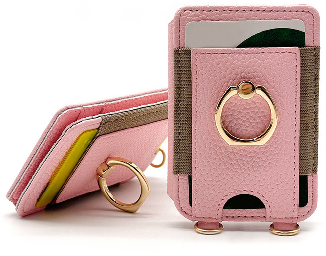 엑씨 휴대폰 부착형 스마트링 거치대 가죽 멀티포켓 카드 지갑 홀더 케이스, 핑크, 1개