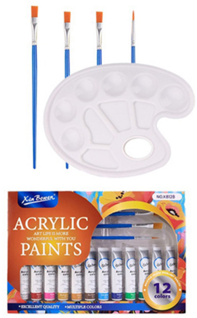 신보웬 아크릴페인트 물감 12ml + 팔레트 + 붓 세트, 12색