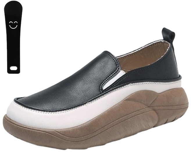 베이직스텝 여성용 복고 스타일 통굽 배색 슬립온 4cm EC014