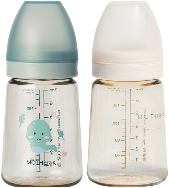 마더케이 베이직 PPSU 뱀뱀 젖병 + 무꼭지 세트, 민트, 크림, 180ml, 1세트