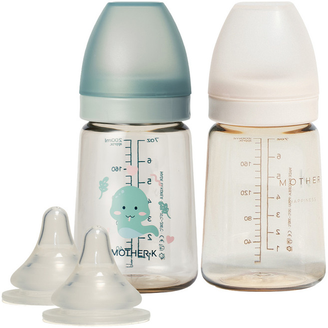마더케이 베이직 PPSU 뱀뱀 젖병 + 무꼭지 + 젖꼭지 1단계 2p 세트, 민트, 크림, 180ml, 1세트