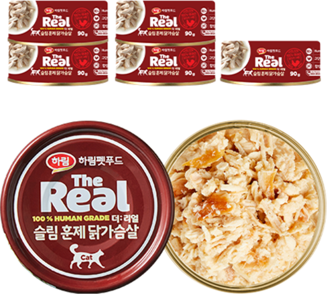 하림펫푸드 고양이 더리얼 슬림 훈제 간식캔, 닭가슴살, 90g, 6개