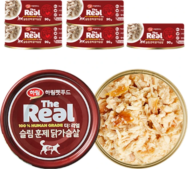 하림펫푸드 고양이 더리얼 슬림 훈제 간식캔, 닭가슴살, 90g, 6개 - 쿠팡