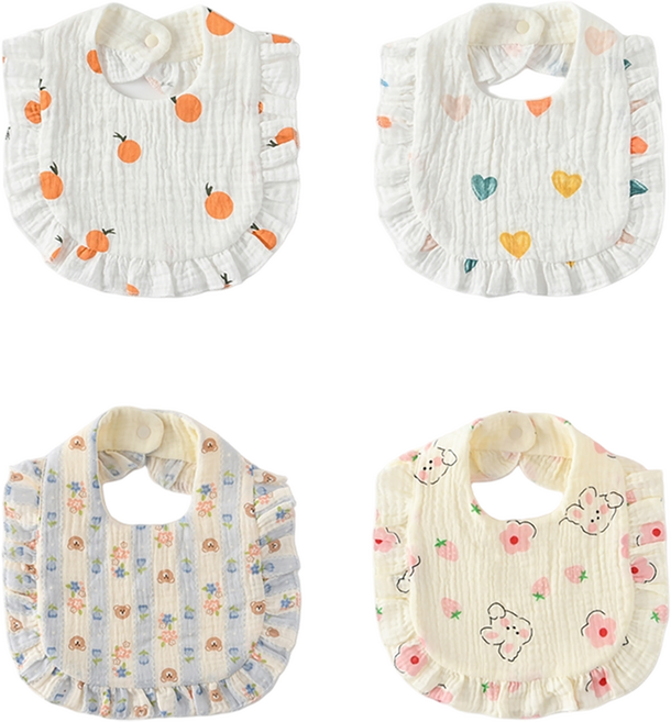 럭셔리베이비 6중 요루거즈 러플 턱받이 세트, 오렌지 + 컬러하트 + 블루곰 + 딸기토끼, 4개입, 1세트