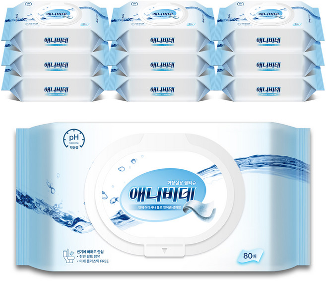 더퍼스트터치 애니비데 화장실용 물티슈 캡형, 60g, 80매, 10개