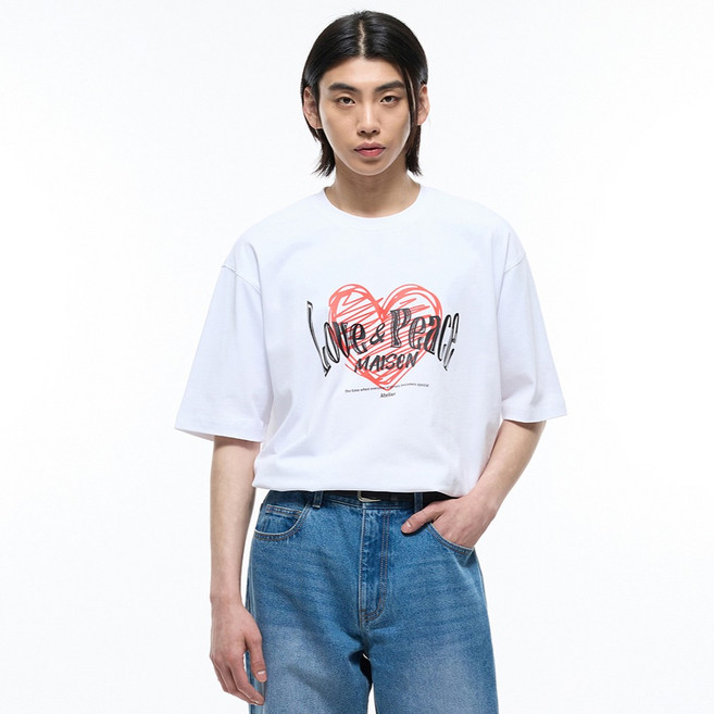 TNGT 남성용 통기성 세미오버핏 Heart 로고 반팔 티셔츠