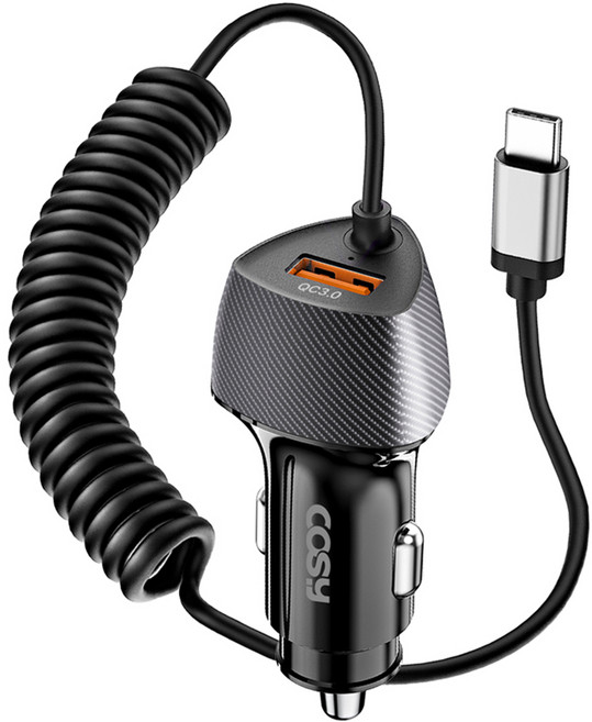 코시 51W PD + QC3.0 C타입 스프링 케이블 시거잭 초고속 차량용 충전기, CGR4140AT, 블랙