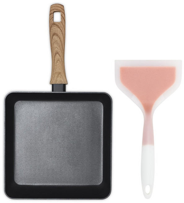 벨라쿠진 인덕션 우드패턴 정사각 프라이팬 + 실리콘 뒤집개 대형 세트, 혼합색상, 1세트, 사각 프라이팬 22cm + 실리콘 뒤집개