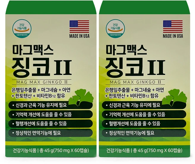 마그맥스 징코 은행잎추출물 마그네슘 아연 판토텐산 45g, 2개, 60정 - 쿠팡