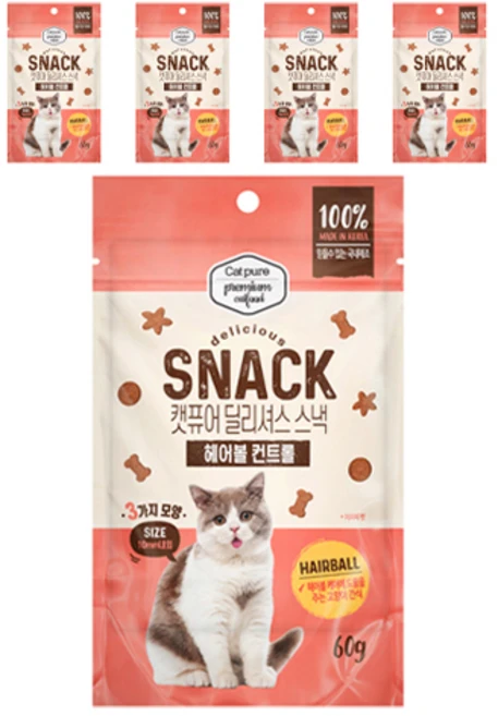 캣퓨어 고양이 딜리셔스 스낵, 5개, 60g, 헤어볼 컨트롤 - 쿠팡