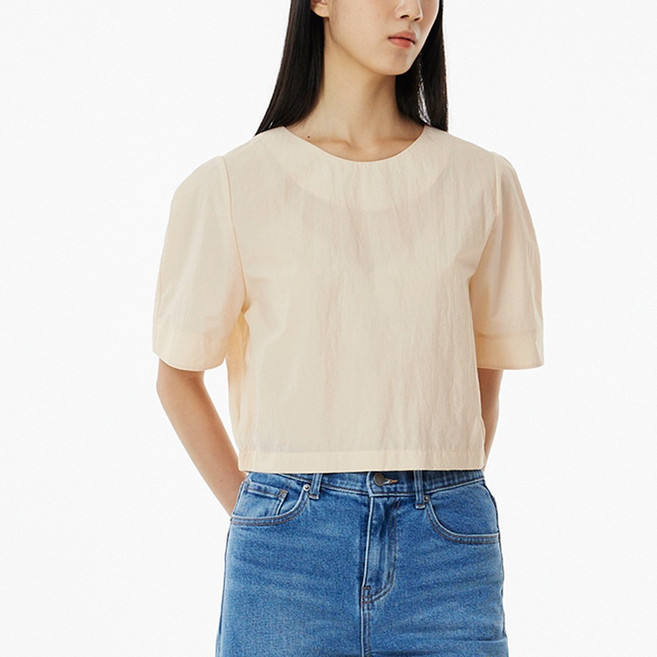 JAJU(자주) 여성용 사각사각 크롭 반팔 블라우스