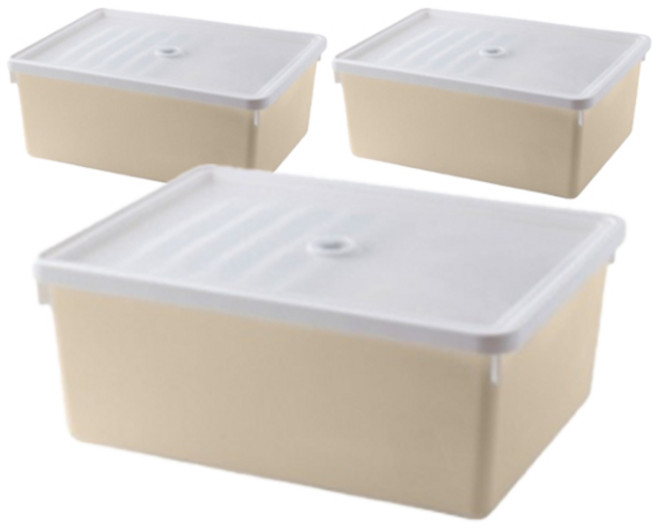 한샘 국내 제조 샘키즈 플라스틱 바스켓 + 뚜껑 세트, 베이지 + 반투명, 소(395 x 295 x 155 mm), 3세트