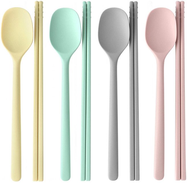 이와이엔 4색 혼합 실리콘 4인 수저 세트, 소프트 핑크, 라이트 그레이, 크리미 옐로우, 민트 그린, 숟가락 4p + 젓가락 4p, 4개