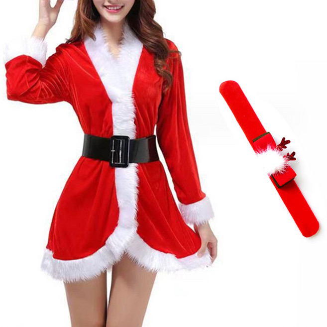 파티쇼 여성용 산타복 상의 + 모자 + 벨트 + 밍크 크리스마스 팔찌 세트, 리본레드(팔찌), 1세트