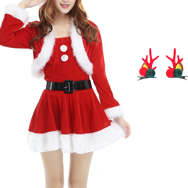파티쇼 여성용 크리스마스 산타 원피스 C타입 + 루돌프머리핀 세트, 럭셔리 레드(루돌프머리핀), 1세트