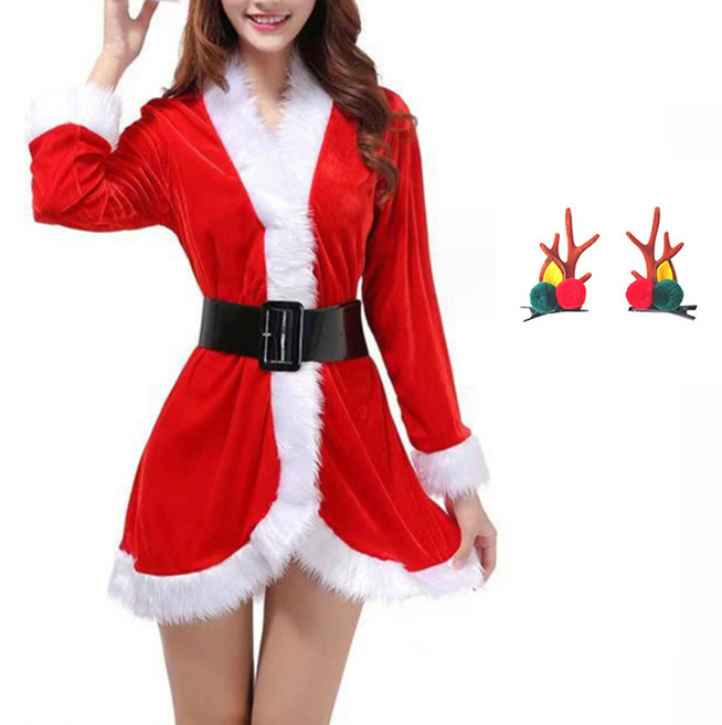 파티쇼 크리스마스 산타복 상의 + 모자 + 벨트 + 루돌프머리핀 세트, 럭셔리 브라운(루돌프머리핀), 1세트
