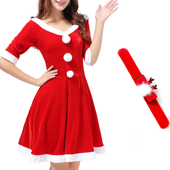 파티쇼 여성용 산타복 원피스 B타입 + 밍크 크리스마스 팔찌 세트, 리본레드(팔찌), 1세트