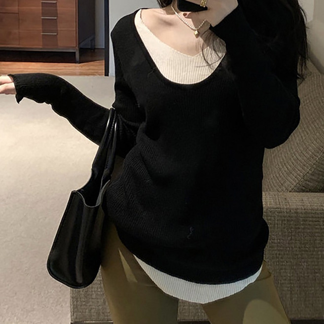 시크힐즈 여성용 브이넥 투톤 레이어드 니트 티셔츠 06452