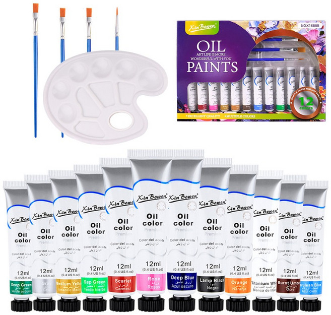 신보웬 오일페인트 유화물감 12ml x 12p + 팔레트 + 붓 세트, 12색