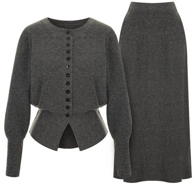 샐리 버튼슬릿 골지 니트 가디건 + 스커트 세트 I4C-CSE013