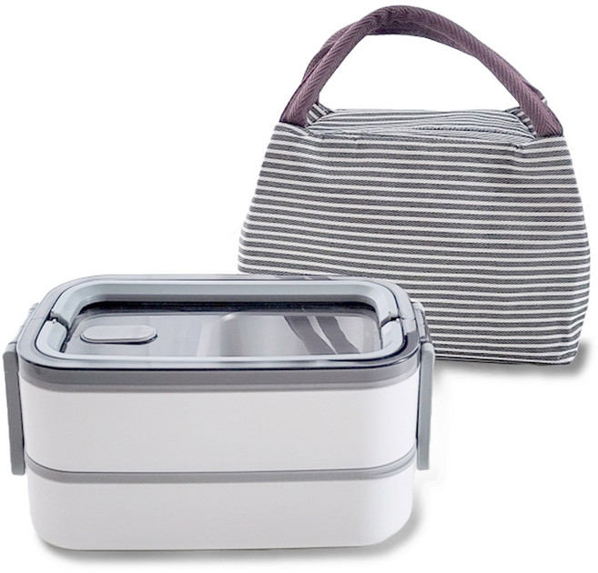 코코줄라이 2단 스텐도시락통 + 수저 + 도시락 가방 세트, 모던 화이트, 1개