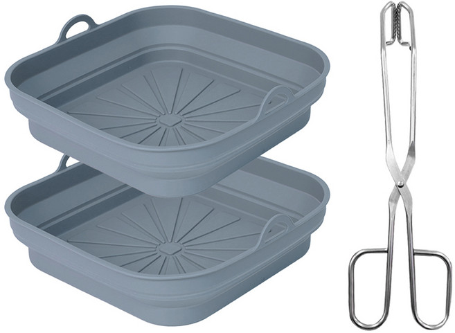 인블룸 접이식 에어프라이어 용기 2p + 스텐 가위형 주방집게 24cm 세트, 그레이(에어프라이어 용기), 1세트