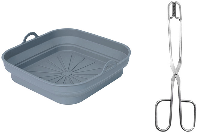 인블룸 접이식 에어프라이어 용기 + 스텐 가위형 주방집게 24cm 세트, 그레이(에어프라이어 용기), 1세트