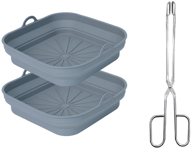 인블룸 접이식 에어프라이어 용기 2p + 스텐 가위형 주방집게 30cm 세트, 그레이(에어프라이어 용기), 1세트