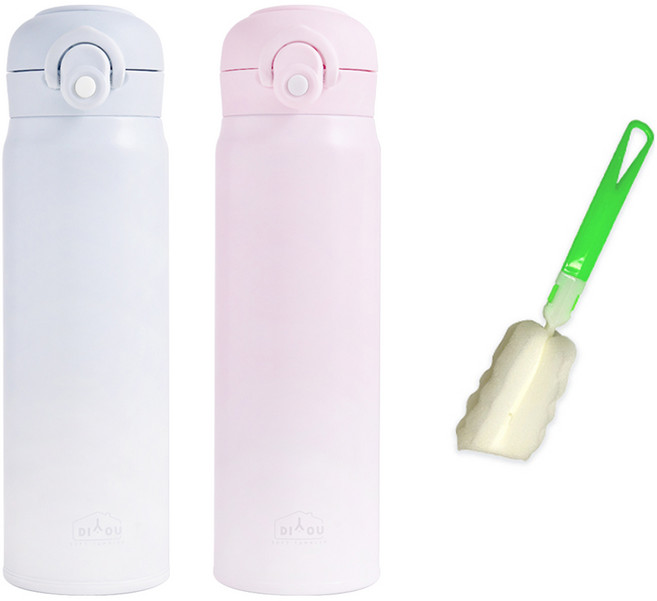 디유 원터치 2중 진공 스텐레스 316 그라데이션 손잡이 텀블러 500ml x 2p + 전용세척솔 세트, 블루 + 핑크, 1세트