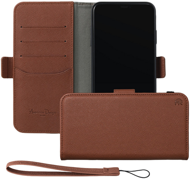 어썸디자인 수제 가죽 오블리크 지갑 케이스 + 핸드 스트랩 세트