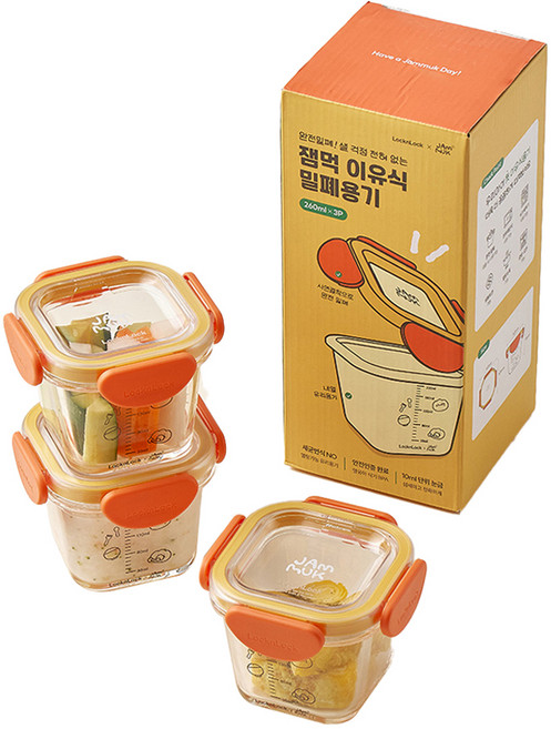 잼먹 완전결착 이유식 밀폐용기 사각형, 260ml, 오렌지, 3개