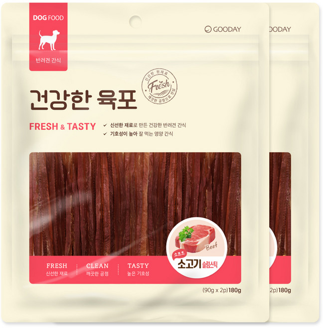굿데이 강아지 건강한 육포, 소프트 소고기 슬림스틱, 180g, 2개