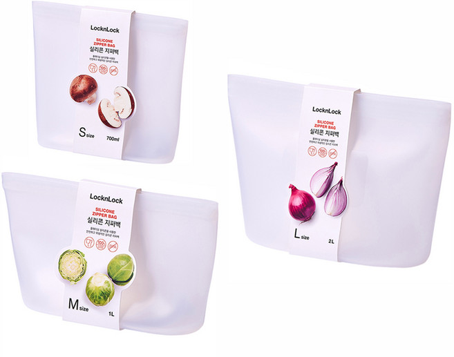 락앤락 실리콘 지퍼백 3종 세트 내추럴, 1세트, 700ml + 1L + 2L