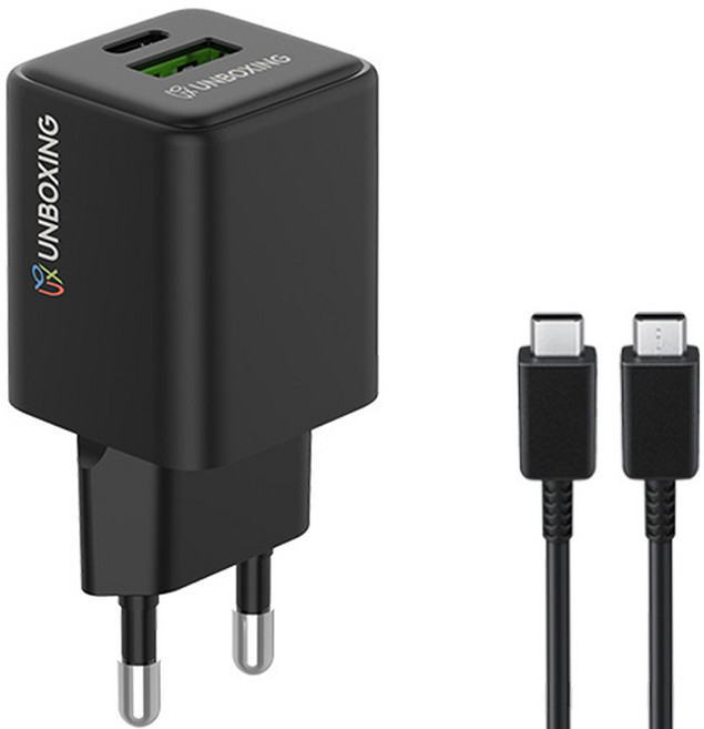 언박싱 PD 듀얼 멀티 초고속 충전기 30W + C타입-C타입 케이블 25W 2m 세트, 블랙, 1세트