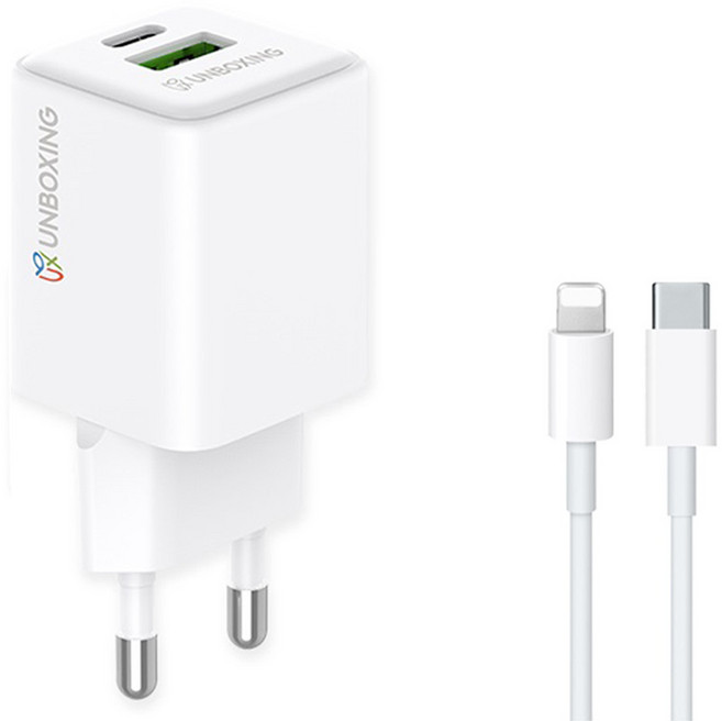 언박싱 PD 듀얼 멀티 초고속 충전기 30W + C타입-라이트닝 8핀 케이블 2m 세트, 화이트, 1세트