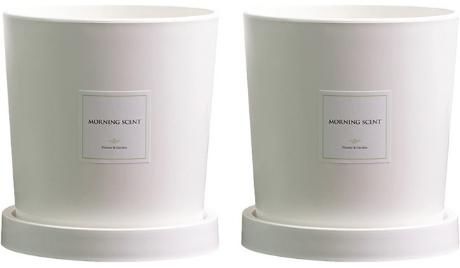 morningscent 가볍고 단단한 인테리어 분갈이 플라스틱 원형 화분 + 받침 세트, 화이트, 2세트