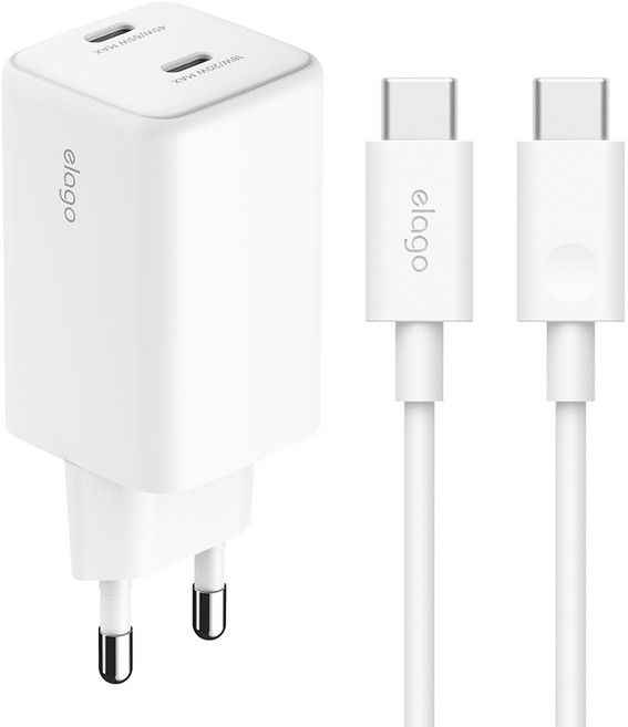 엘라고 USB C타입 고속 충전 듀얼 어댑터 65W + C타입 to C타입 고속 케이블 세트, 화이트, 1세트