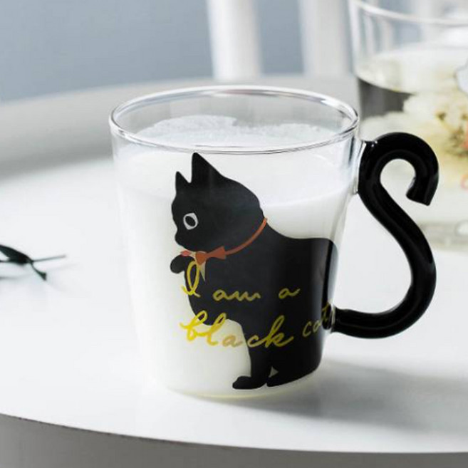 블랙꼬리 유니크 고양이 유리컵 300ml CM093, 블랙, 1개