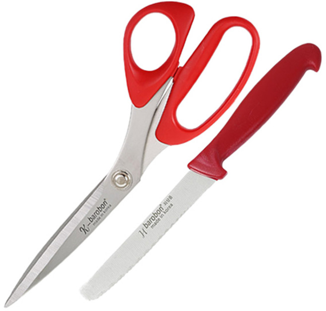 바로본 잘 잘린다 한손 주방가위 + 톱니과도 세트, 레드, 1세트