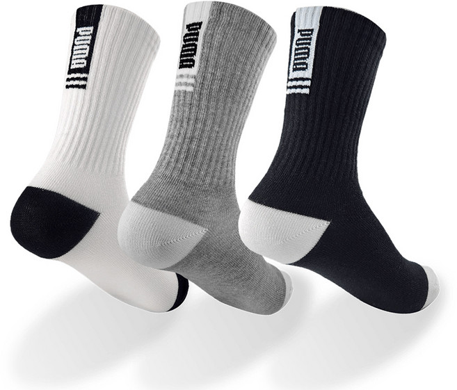 푸마 아동용 긴목양말 3족 세트 PU-K06, 화이트, 그레이, 블랙, 1세트