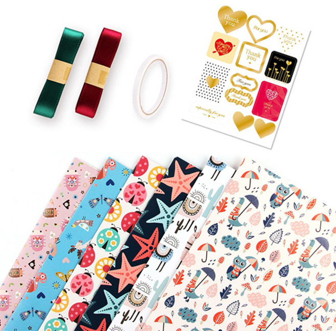 에이비엠코리아 귀여운 동물패턴 선물 포장지 6종 세트, 혼합색상, 1세트