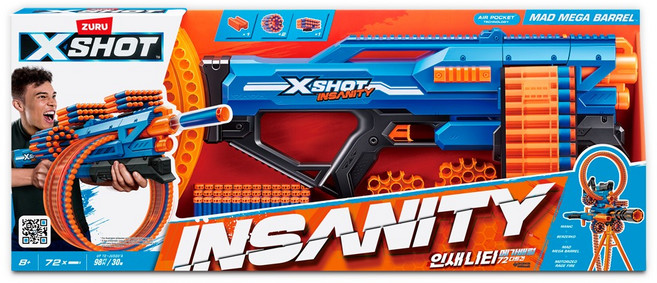 엑스샷 인새니티 메가배럴 72 다트 장난감 총, 혼합색상, 1개