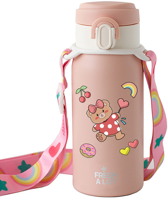 프레쉬어랏 밀키 보온보냉 원터치 텀블러 + 스트랩 + 스티커 세트, 핑크, 300ml, 1개