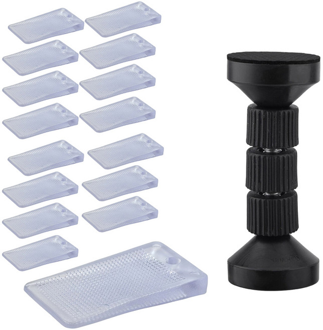 모나코올리브 수평맞추기 밀림방지 가구 레벨러 16p + 4단조절 가구 고정 스토퍼 세트, 투명(레벨러), 블랙(스토퍼), 1세트