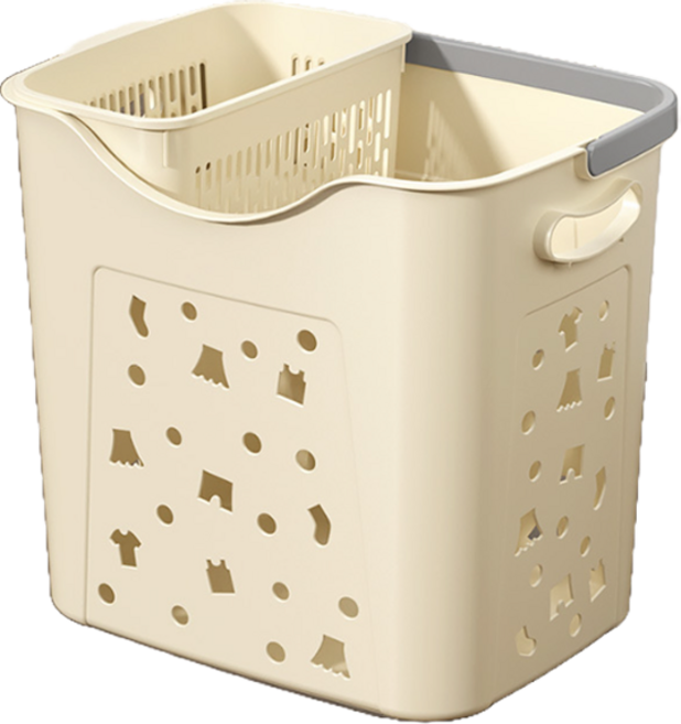 대용량 플라스틱 욕실 세탁 바구니 + 속옷 바구니 세트, 크림