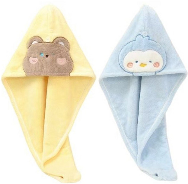 원이네 귀여운 애니몰 산호 드라이 샤워 헤어캡 타월 2종 세트, 옐로우, 블루, 1세트